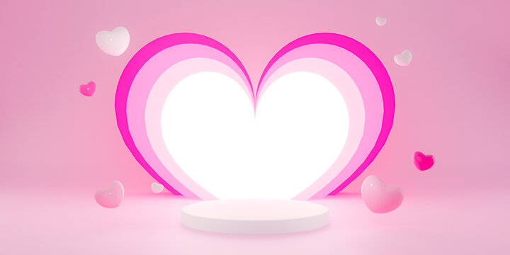 3D Render Valentine's Day stage podium with heart decoration product display on pink background