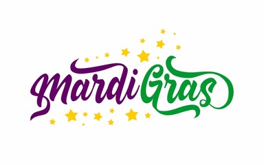 Handwritten modern brush lettering of Mardi Gras with yellow stars on white background, vector illustration