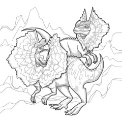 Two grawling dilophosauruses with abstract hilly background.