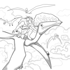 Obraz premium A young man flies in the sky riding a pterosaur among the clouds.