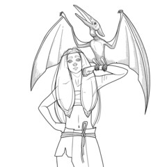 A cute girl with long hair stands holding a pterodactyl on her forearm. © Ekaterina Glazkova