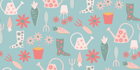 Gardening symbols seamless repeating pattern illustration on light blue background