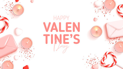 Fototapeta na wymiar Happy Valentine's Day holiday card. Abstract composition for Valentine's Day. Vector illustration with lollipops, envelopes, hearts, candles and confetti. Holiday banner.
