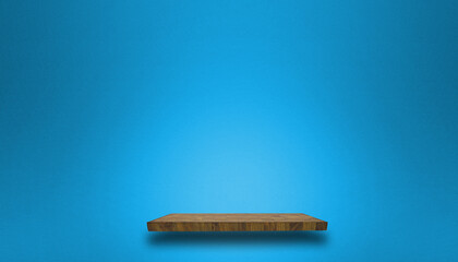 Wooden podium or pedestal display on blue background with long platform. 3D rendering