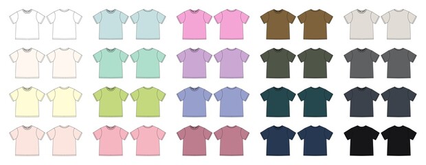 Set of apparel technical sketch unisex t shirt. T-shirt design template collection.
