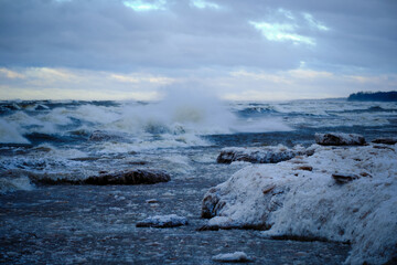 windy storm on a baltic sea at winter with clouds in the sky