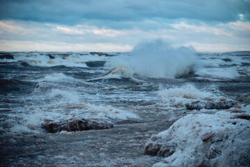 windy storm on a baltic sea at winter with clouds in the sky
