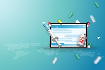 Concept of online medical advisor, syringe, pill, capsule and vaccine bottle are floating over laptop that the display contain chat between the patient and doctor in green shade color background.