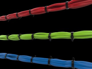 Red, green and blue cables separated and tied with black zipties