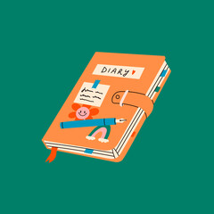 Closed yellow Notebook. Organizer for to do lists, personal plans, goals. Diary with stick notes, stickers, bookmarks, pen. Hand drawn modern Vector illustration. Isolated on green. Cartoon style