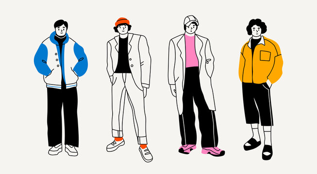 Street fashion look for boys. Young men dressed in stylish trendy oversized clothing. Models standing in various poses. Korean japanese asian cartoon style. Hand drawn Vector isolated illustrations