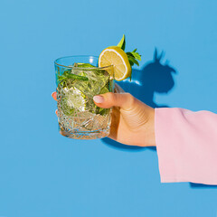 Female hand holding glass with cocktail mojito with lemon isolated on light blue neon background....