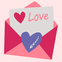 Pink envelope with a letter and the inscription love. Valentine card. Vector symbols of love. valentine's day. A series of postcards in the boho style.