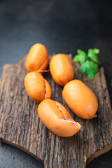 sausage meatless vegetable protein seitan soy wheat vegetarian or vegan snack meal top view copy space food background