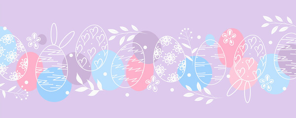 Easter eggs, branch and flower border. Holiday card on lilac background. Vector illustration