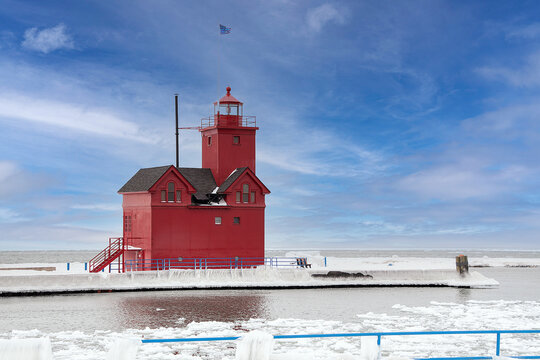 Famous Big Red Lighthouse In Holland Michigan in winter - Powered by Adobe