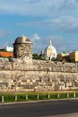 Fototapeta na wymiar Cartagena, Bolivar, Colombia. November 3, 2021: Fortifications in the walled city with blue sky.
