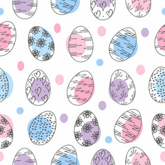 Hand drawn Easter eggs seamless pattern. Doodle elements for holiday on white background. Vector illustration