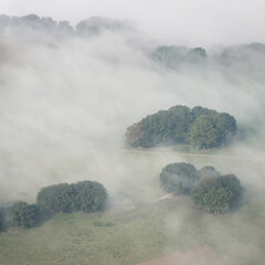 vue aérienne d'arbres dans la brume à Vatteville dans l'Eure en France