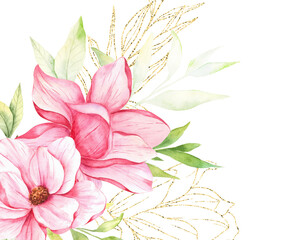 Watercolor Magnolia Card, Magnolia Frame. Pink Magnolia Wedding Invitation Template, Floral Frame