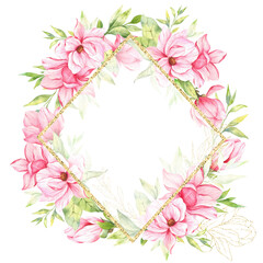 Fototapeta na wymiar Watercolor Magnolia Card, Magnolia Frame. Pink Magnolia Wedding Invitation Template, Floral Frame