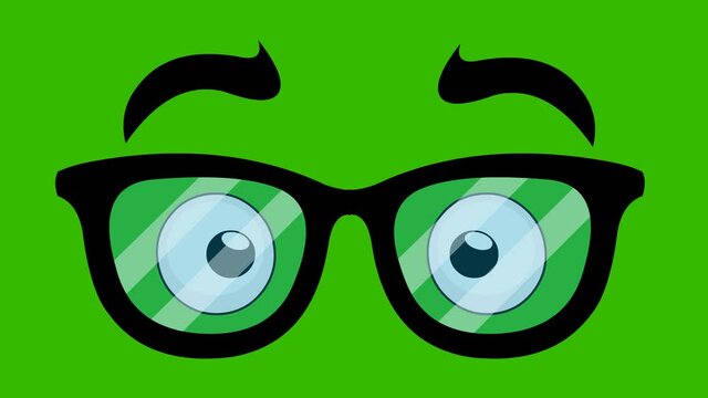 Loop animation of eyes with glasses blinking, on a green chroma key background