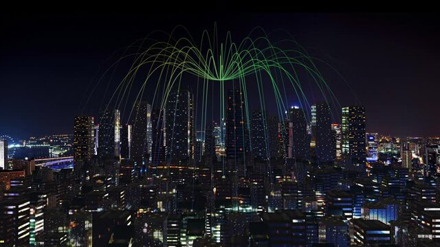 Smart 5G Futuristic City. Wireless Network Forming An Arch. Night Time. Futuristic Smart City And Technology Concept 4K.