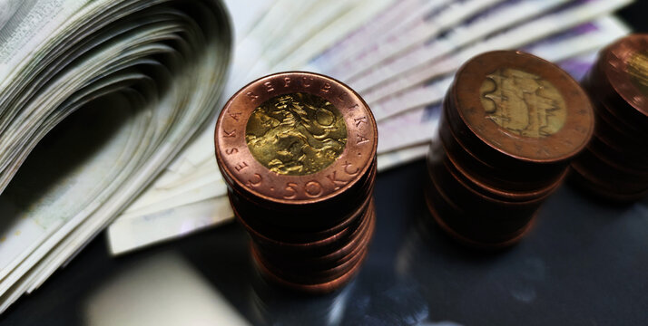 Detailed view of Czech banknotes thousands of crowns. coronavirus pandemic financial crisis and the concept of economic restart