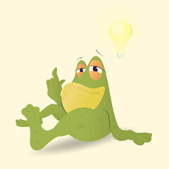 Illustration of a sitting frog raising the index finger of his left hand up. To her left is a light bulb. The concept of an idea that has come. Vector illustration.