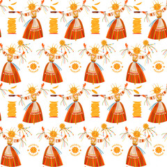Maslenitsa Scarecrow. Butter Week (Eastern Slavic religious and folk holiday seeing off winter last week before Great Lent). Seamless background pattern.