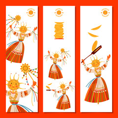 Set of 3 universal banners with Maslenitsa Scarecrow. Butter Week (Eastern Slavic religious and folk holiday seeing off winter last week before Great Lent).
