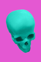 Green gypsum human skull on isolated pink background with clipping path. Plaster sample model skull for students of art schools. Forensic science, anatomy and art education concept. Mockup for drawing