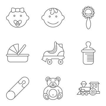 Baby related flat icon set for web and mobile applications. Set includes boy, girl, rattle, crib, roller skate, feeding bottle, pin, bear, train. It can be used as logo, pictogram, icon, element