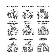 Fototapeta premium Medical service Healthcare, exam, management, therapy, Practitioner specialist, Doctor trainig, knee, Urgency, help vector concept black illustration