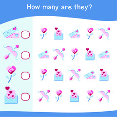 Fototapeta na wymiar Counting math game for Children. Preschool counting valentine worksheet. Educational printable math worksheet. Mathematic color worksheet. Counting similar images. Vector illustration.