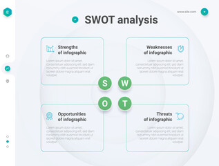 SWOT diagram with 4 rectangular elements.Comparative table, analysis of the advantages and disadvantages of the company. Infographic design template.Vector illustration for strategic business planning
