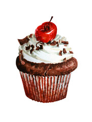 Vector watercolor cupcake illustration with cherries on a white background