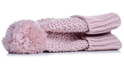 Pink warm hat for girls on white background isolation