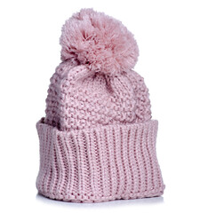 Pink warm hat for girls on white background isolation