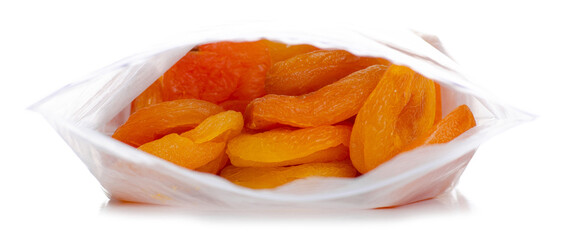 Dried apricots in pack on white background isolation