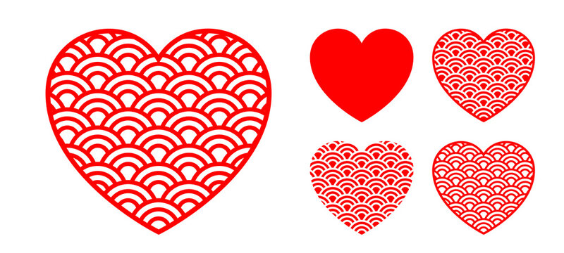 Abstract geometric heart contour filled chinese wave pattern texture with border. Love icon vector design elements for print and decoration design. Creative concept for Valentine's day
