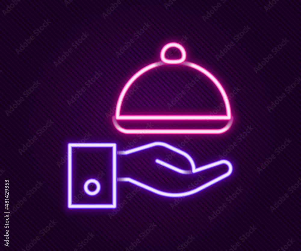 Wall mural Glowing neon line Covered with a tray of food icon isolated on black background. Tray and lid sign. Restaurant cloche with lid. Colorful outline concept. Vector