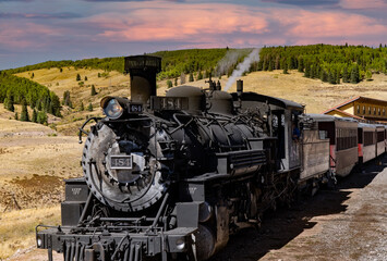 Antonio, Colorado - 9-21-2021: A steam engine locomotive and passenger cars on the Cumbris and Toltec scenic railroad near osier colorado