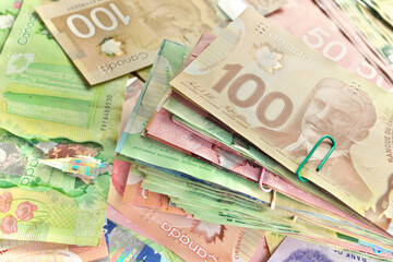 High Angle View of Canadian Banknotes of Different Values
