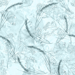 seamless watercolor background with butterflies.Floral pattern with a branch of permafrost, tansy, wild grass, immortelle. Watercolor paint splash.butterfly urticaria, Aglais urticae.wheat, spikelet