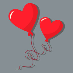 Plakat Two balloons in the shape of a heart. Day of love. valentine's day. A greeting card with a declaration of love. A flat vector image on a gray background.