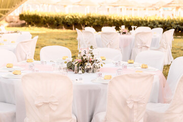 Festive serving tables in cafe in tropical resort.