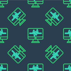 Obraz premium Line Computer monitor with cardiogram icon isolated seamless pattern on blue background. Monitoring icon. ECG monitor with heart beat hand drawn. Vector