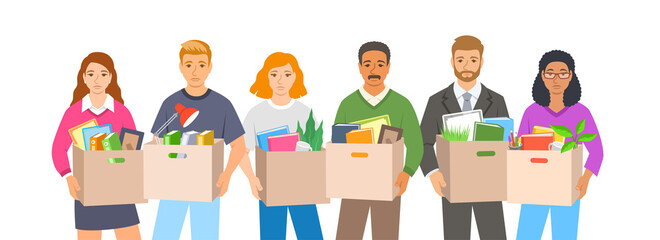 Unemployed fired people. Group of sad jobless workers holding boxes with their stuff. Unhappy upset faces worried about job loss. Unemployment during the economic crisis. Flat vector illustration