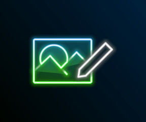 Glowing neon line Photo retouching icon isolated on black background. Photographer, photography, retouch icon. Colorful outline concept. Vector